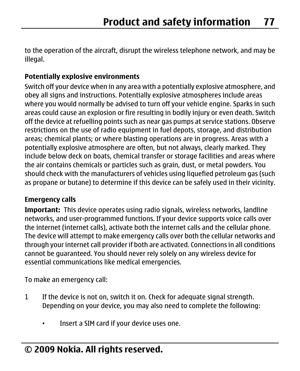 Potentially explosive environments, Emergency calls, Product and safety information 77 | 2009 nokia. all rights reserved | Nokia 2690 User Manual | Page 77 / 90