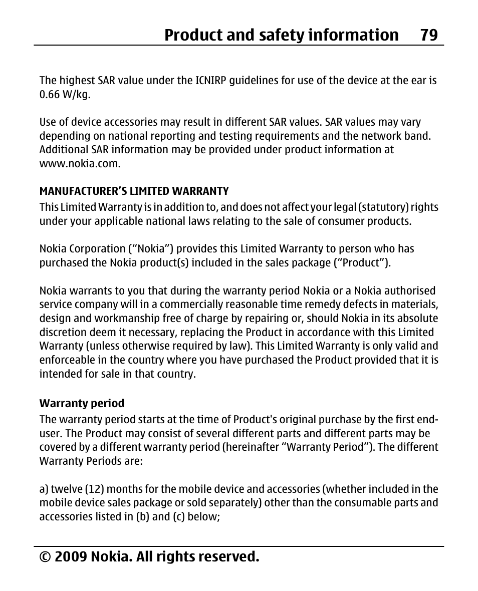 Manufacturer’s limited warranty, Warranty period, Product and safety information 79 | 2009 nokia. all rights reserved | Nokia 2690 User Manual | Page 79 / 90