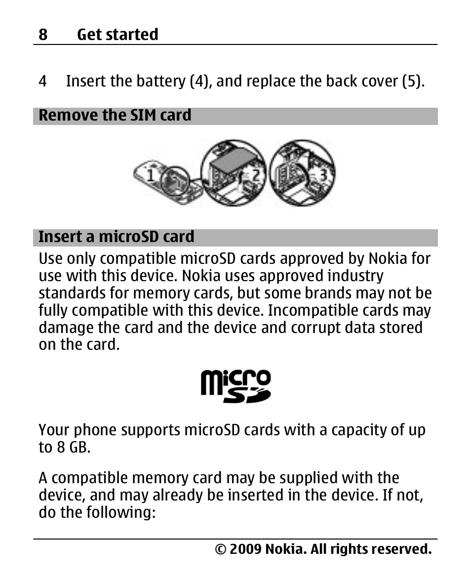 Remove the sim card, Insert a microsd card | Nokia 2690 User Manual | Page 8 / 90