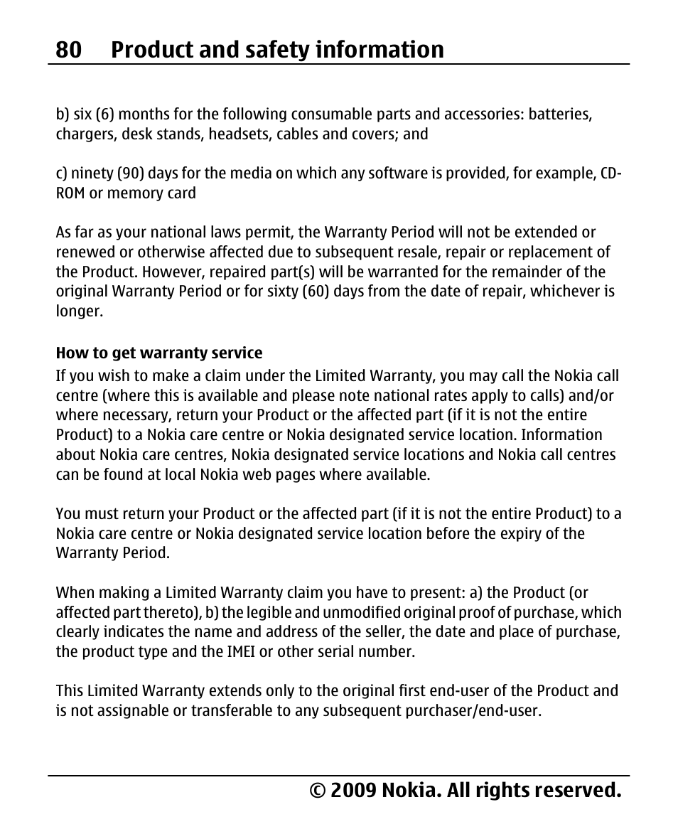 How to get warranty service, 80 product and safety information, 2009 nokia. all rights reserved | Nokia 2690 User Manual | Page 80 / 90