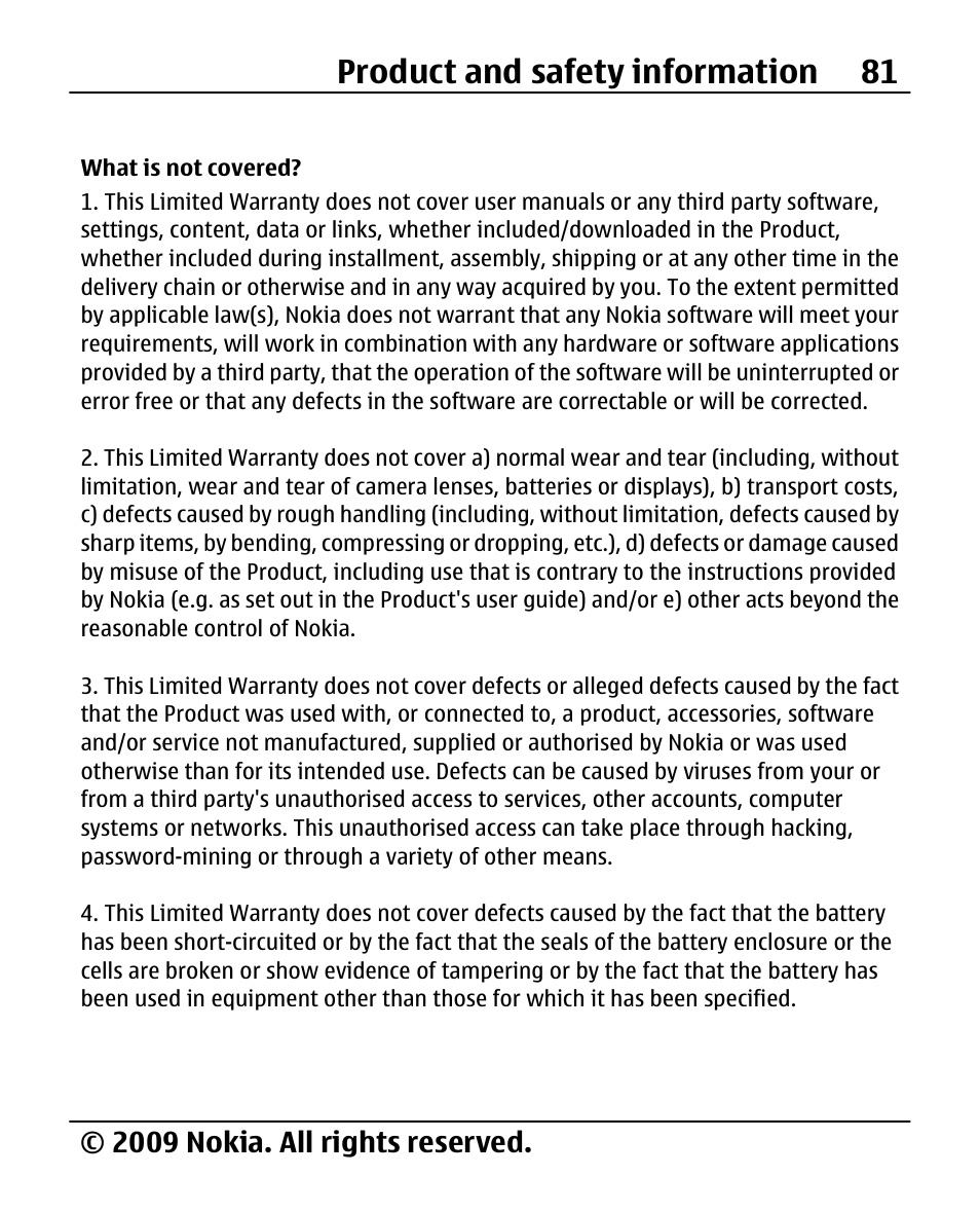 What is not covered, Product and safety information 81, 2009 nokia. all rights reserved | Nokia 2690 User Manual | Page 81 / 90