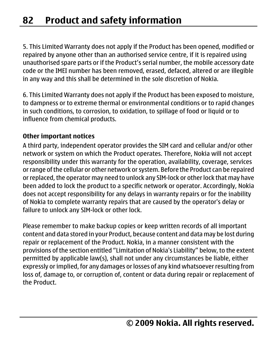 Other important notices, 82 product and safety information, 2009 nokia. all rights reserved | Nokia 2690 User Manual | Page 82 / 90