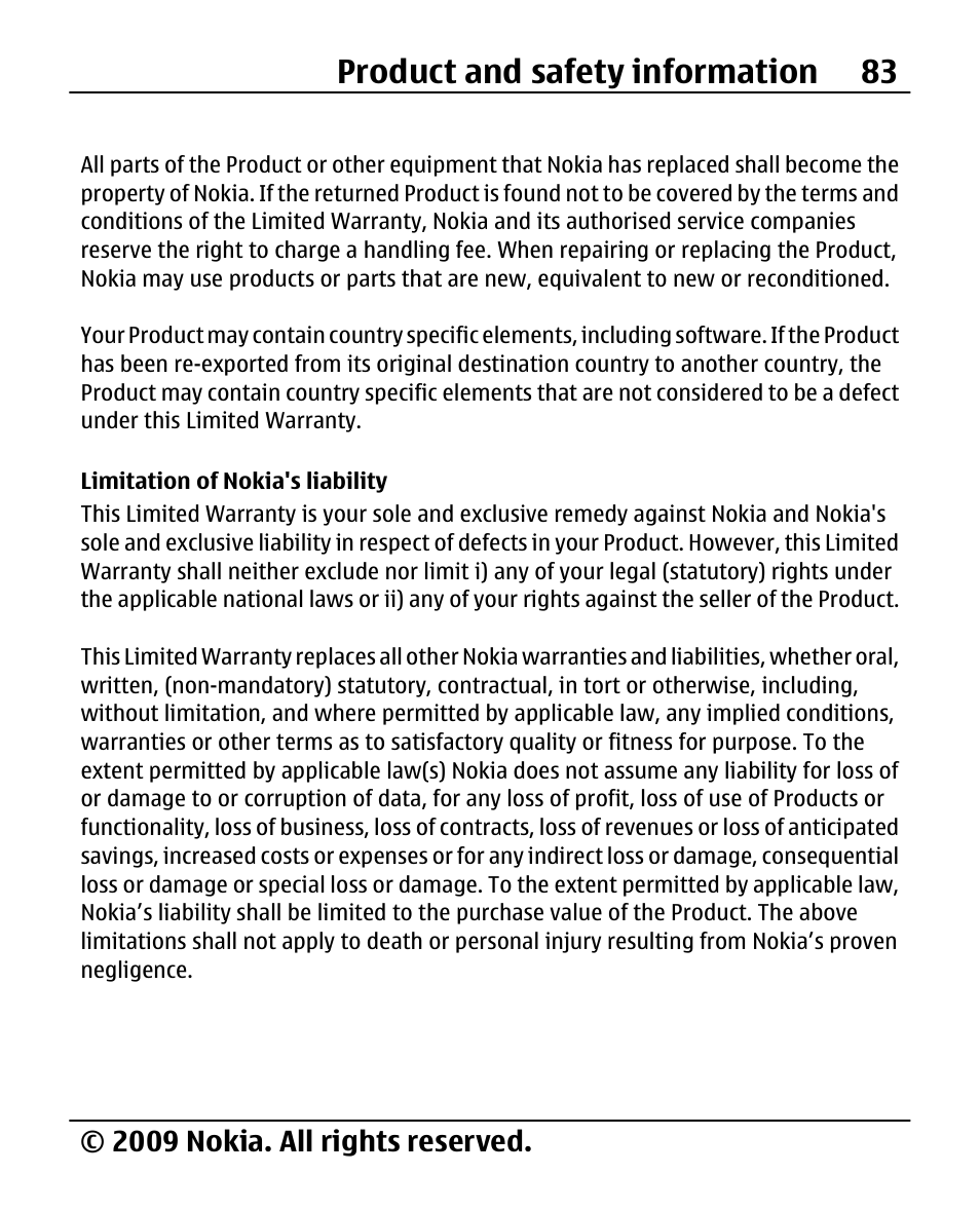 Limitation of nokia's liability, Product and safety information 83, 2009 nokia. all rights reserved | Nokia 2690 User Manual | Page 83 / 90