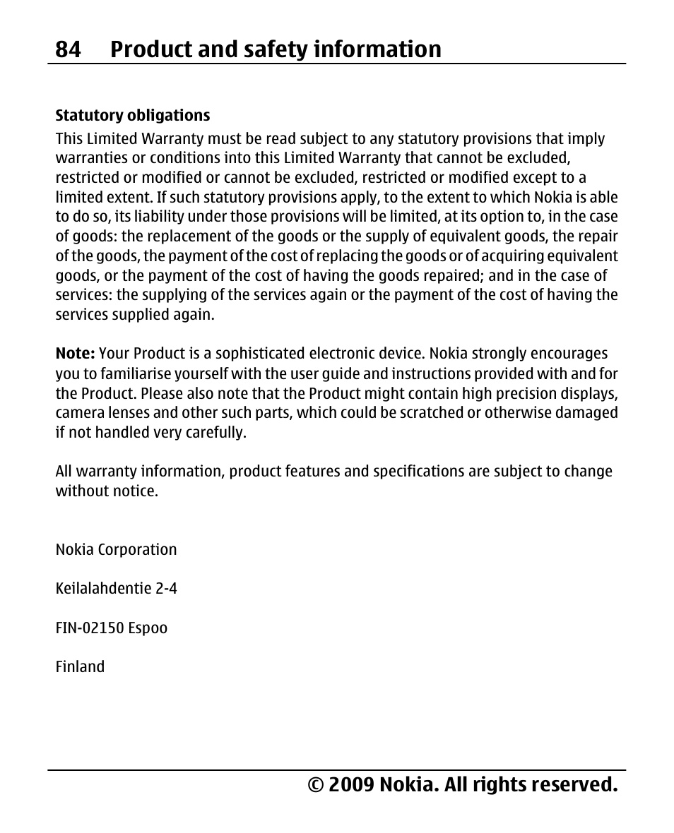 Statutory obligations, 84 product and safety information, 2009 nokia. all rights reserved | Nokia 2690 User Manual | Page 84 / 90