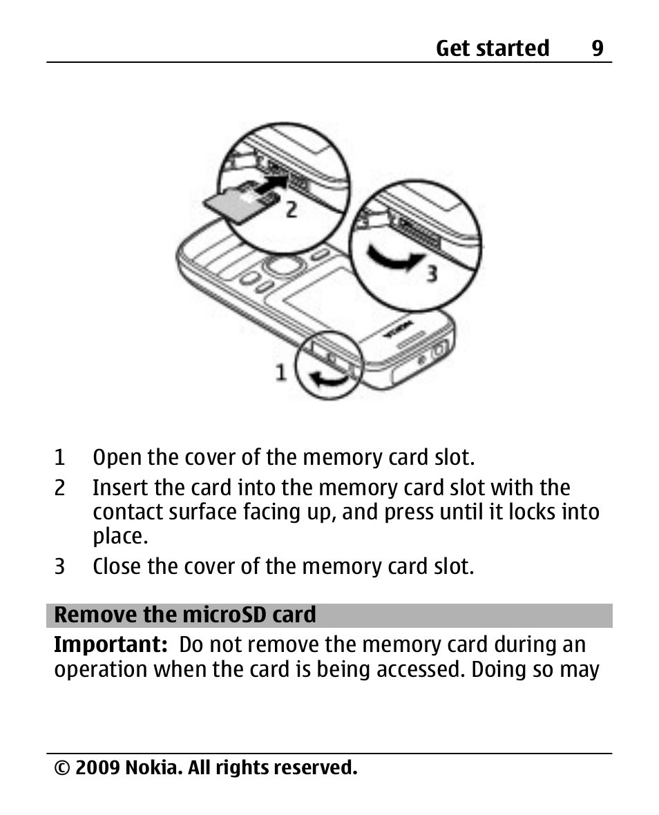 Remove the microsd card, Remove the microsd, Card | Nokia 2690 User Manual | Page 9 / 90