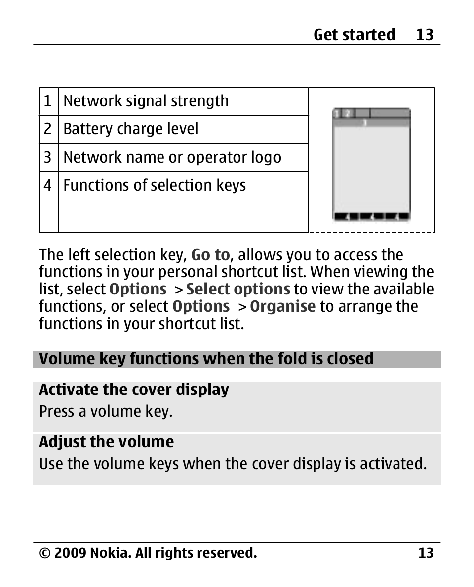 Volume key functions when the fold is closed, Volume key functions, When the fold is | Closed | Nokia 2720 User Manual | Page 13 / 78