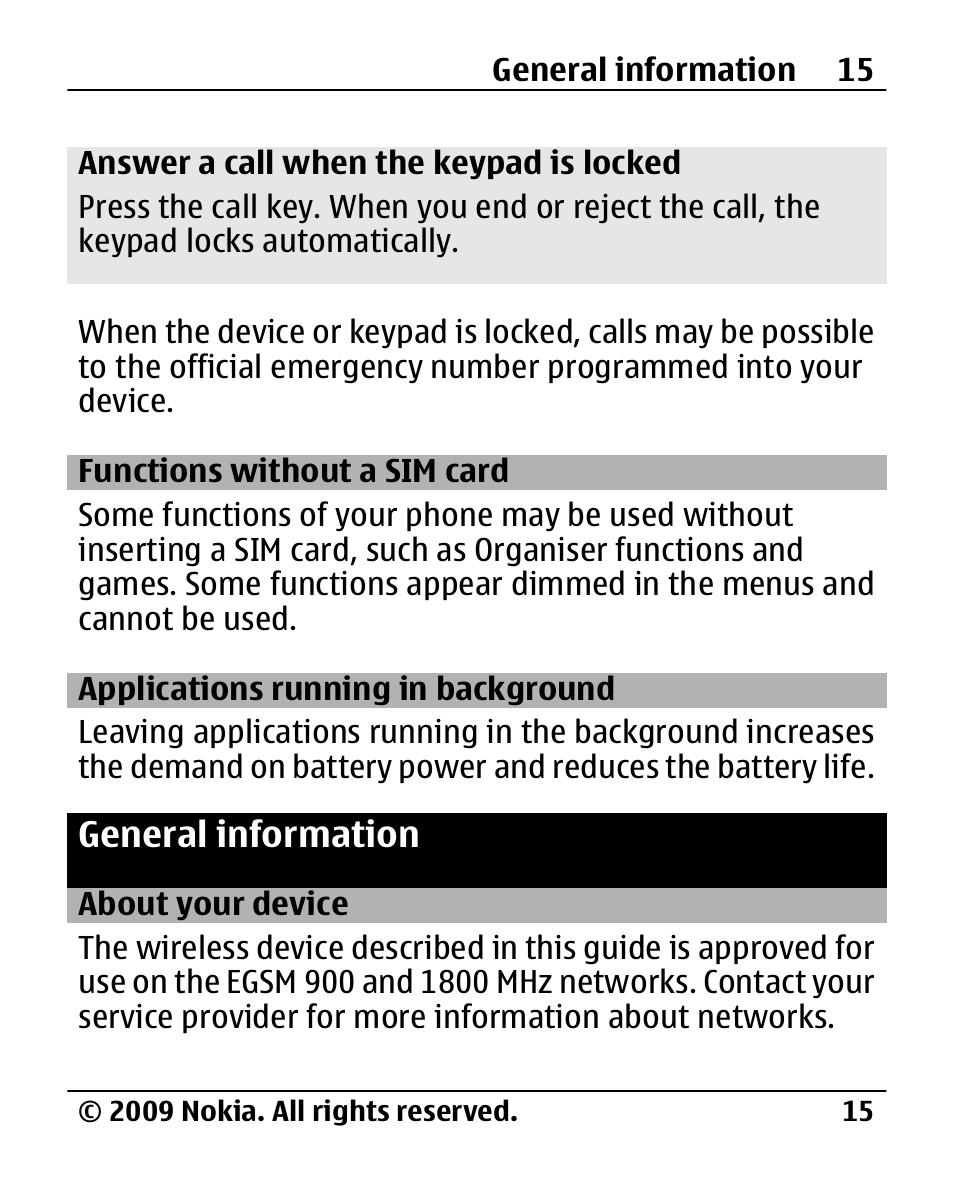 Functions without a sim card, Applications running in background, General information | About your device, Functions without a sim, Card, Applications running in, Background, General, Information | Nokia 2720 User Manual | Page 15 / 78