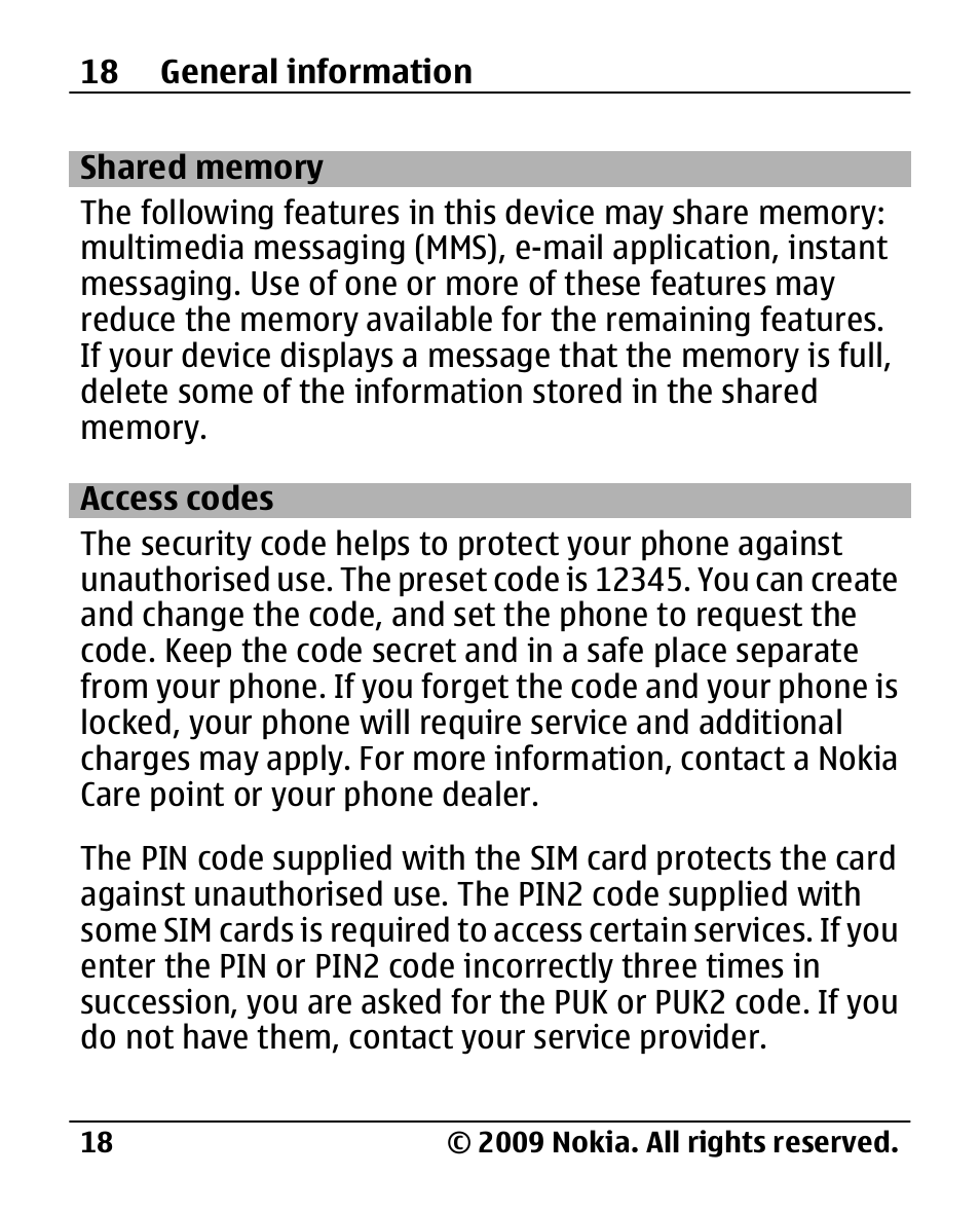 Shared memory, Access codes | Nokia 2720 User Manual | Page 18 / 78