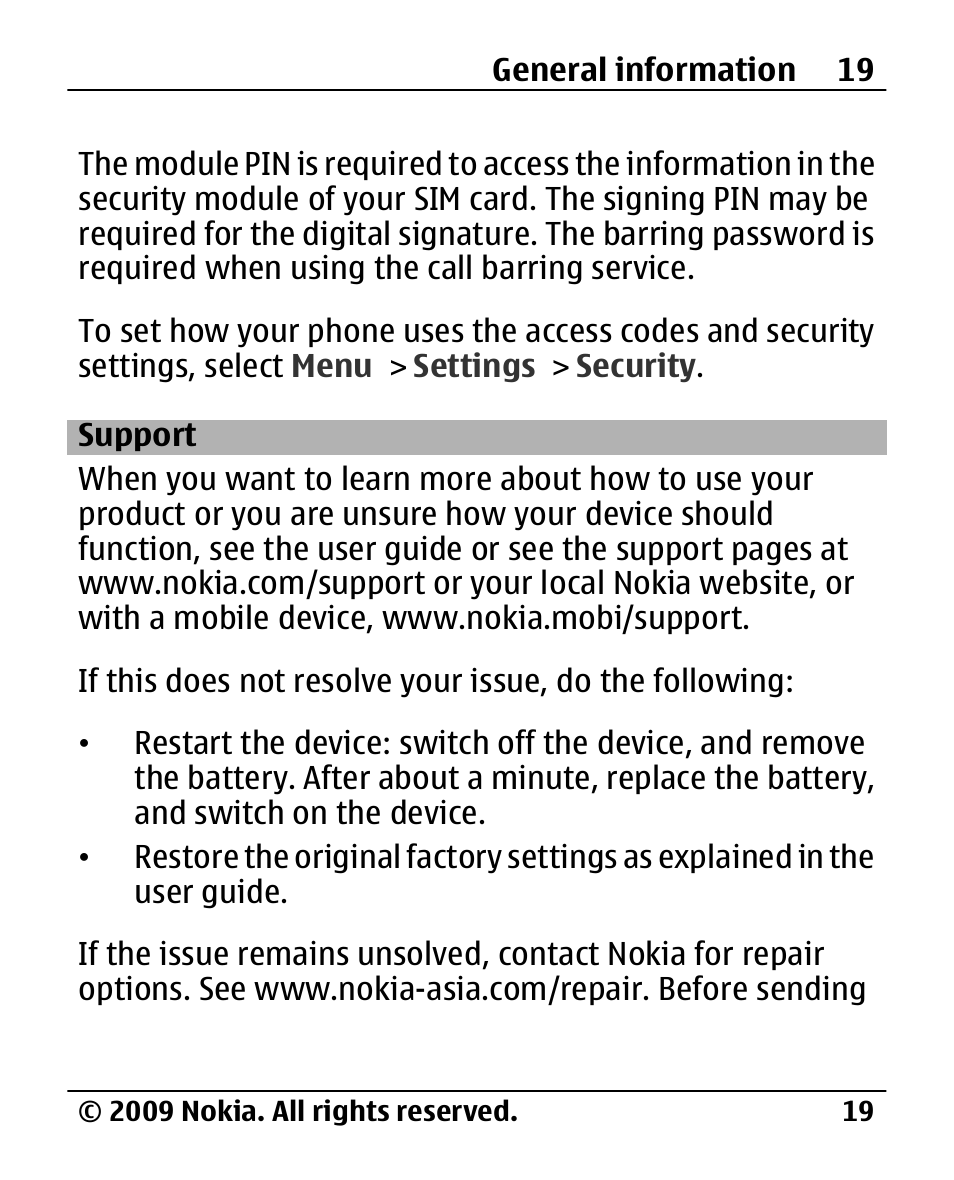 Support | Nokia 2720 User Manual | Page 19 / 78