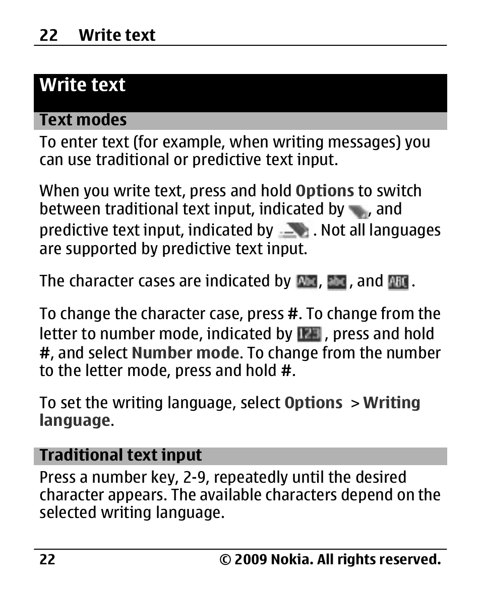 Write text, Text modes, Traditional text input | Traditional text input 22 | Nokia 2720 User Manual | Page 22 / 78