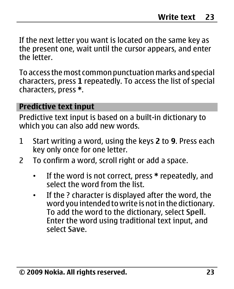 Predictive text input | Nokia 2720 User Manual | Page 23 / 78