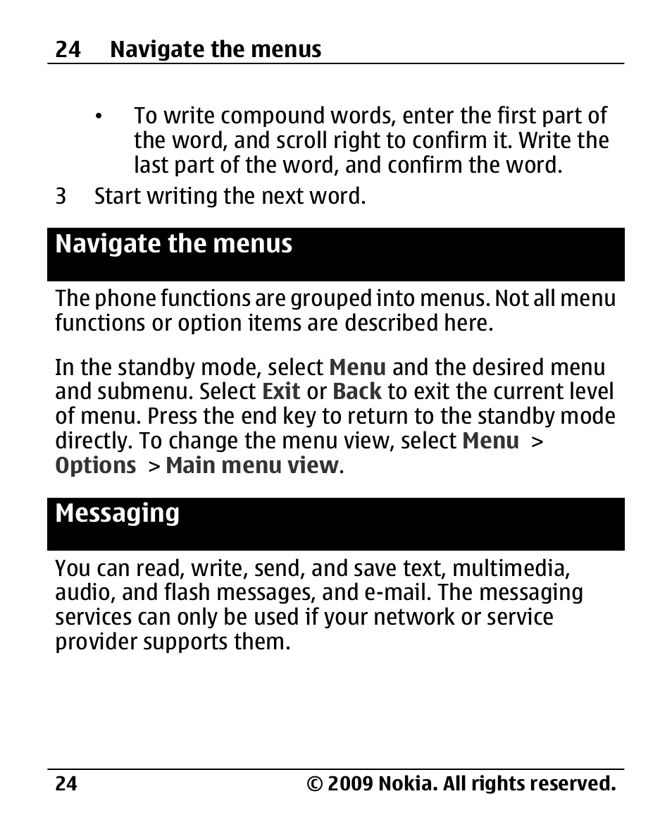 Navigate the menus, Messaging, Navigate the | Menus | Nokia 2720 User Manual | Page 24 / 78