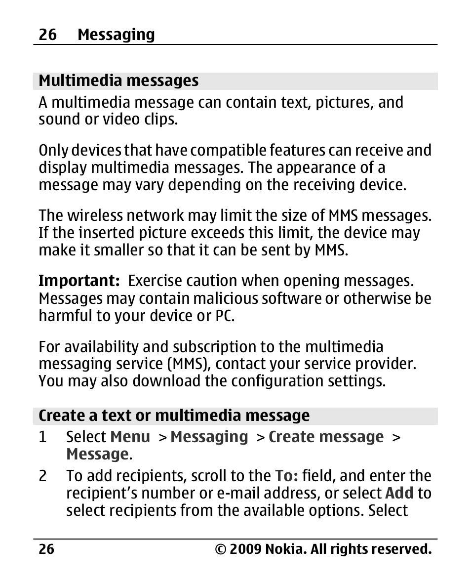 Multimedia messages, Create a text or multimedia message | Nokia 2720 User Manual | Page 26 / 78