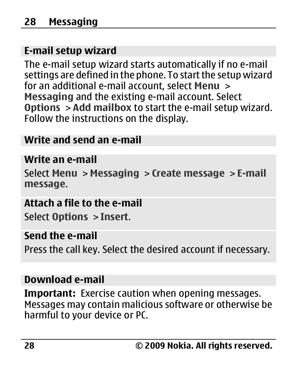 E-mail setup wizard, Write and send an e-mail, Download e-mail | Nokia 2720 User Manual | Page 28 / 78