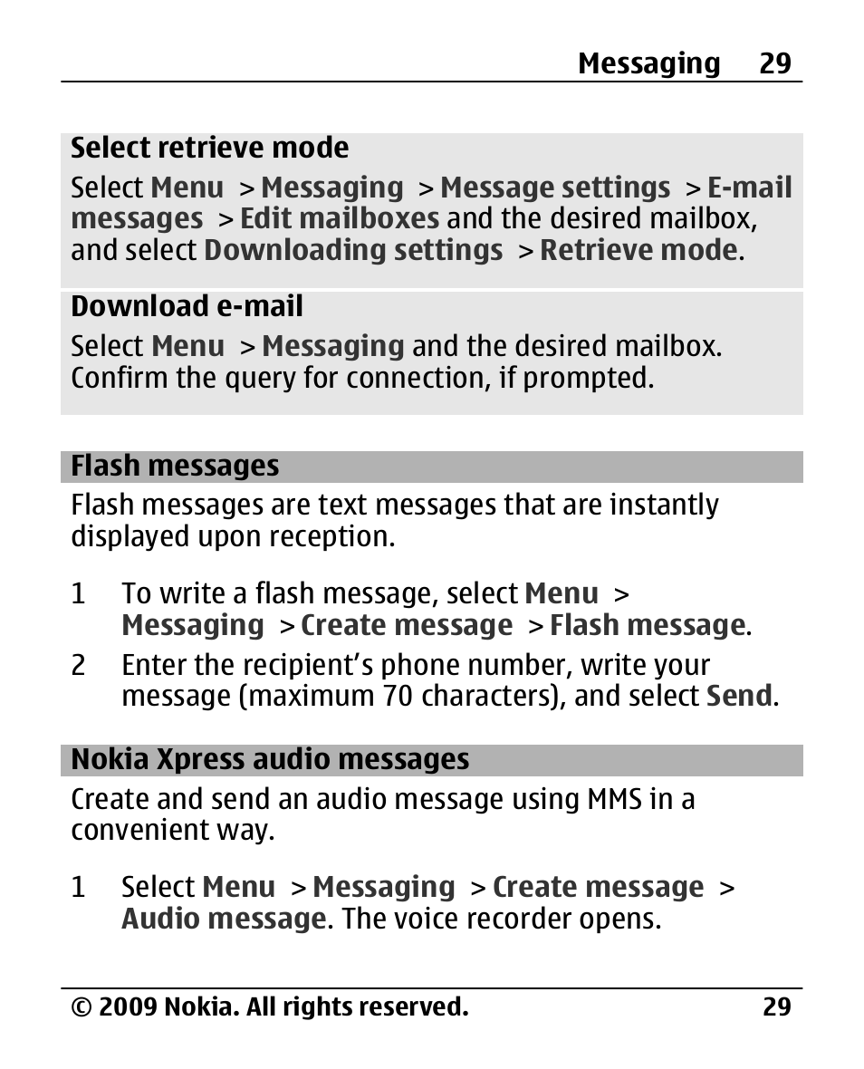 Flash messages, Nokia xpress audio messages, Nokia xpress audio | Messages | Nokia 2720 User Manual | Page 29 / 78