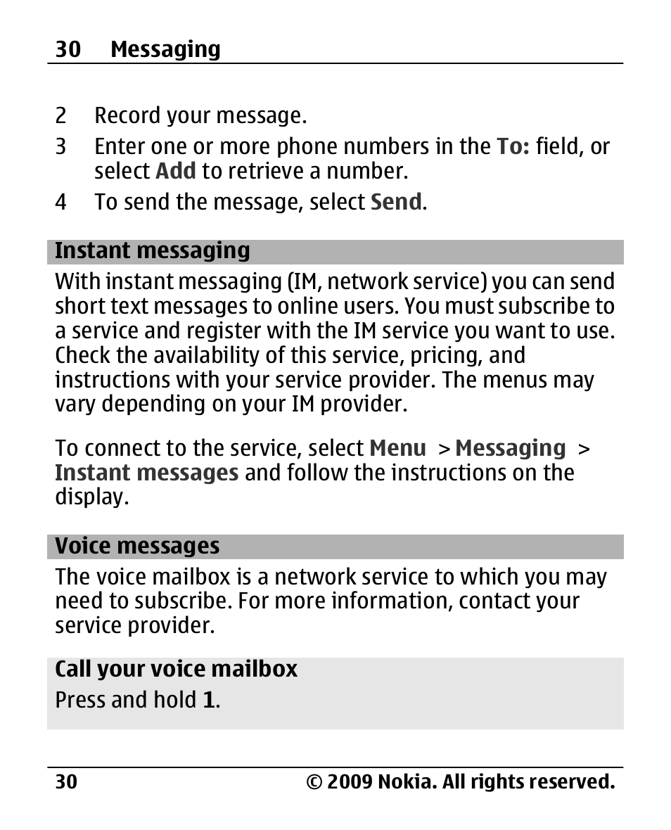 Instant messaging, Voice messages | Nokia 2720 User Manual | Page 30 / 78