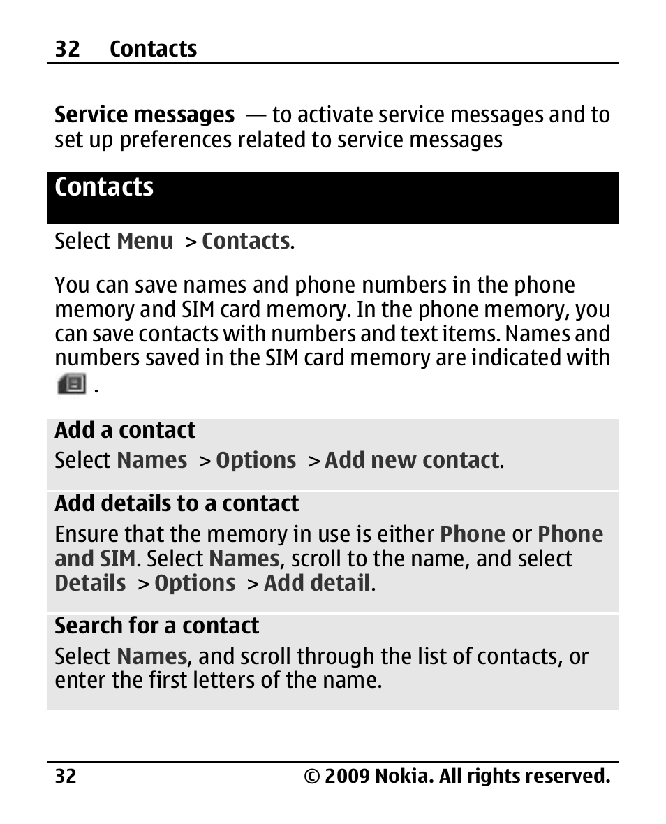 Contacts | Nokia 2720 User Manual | Page 32 / 78