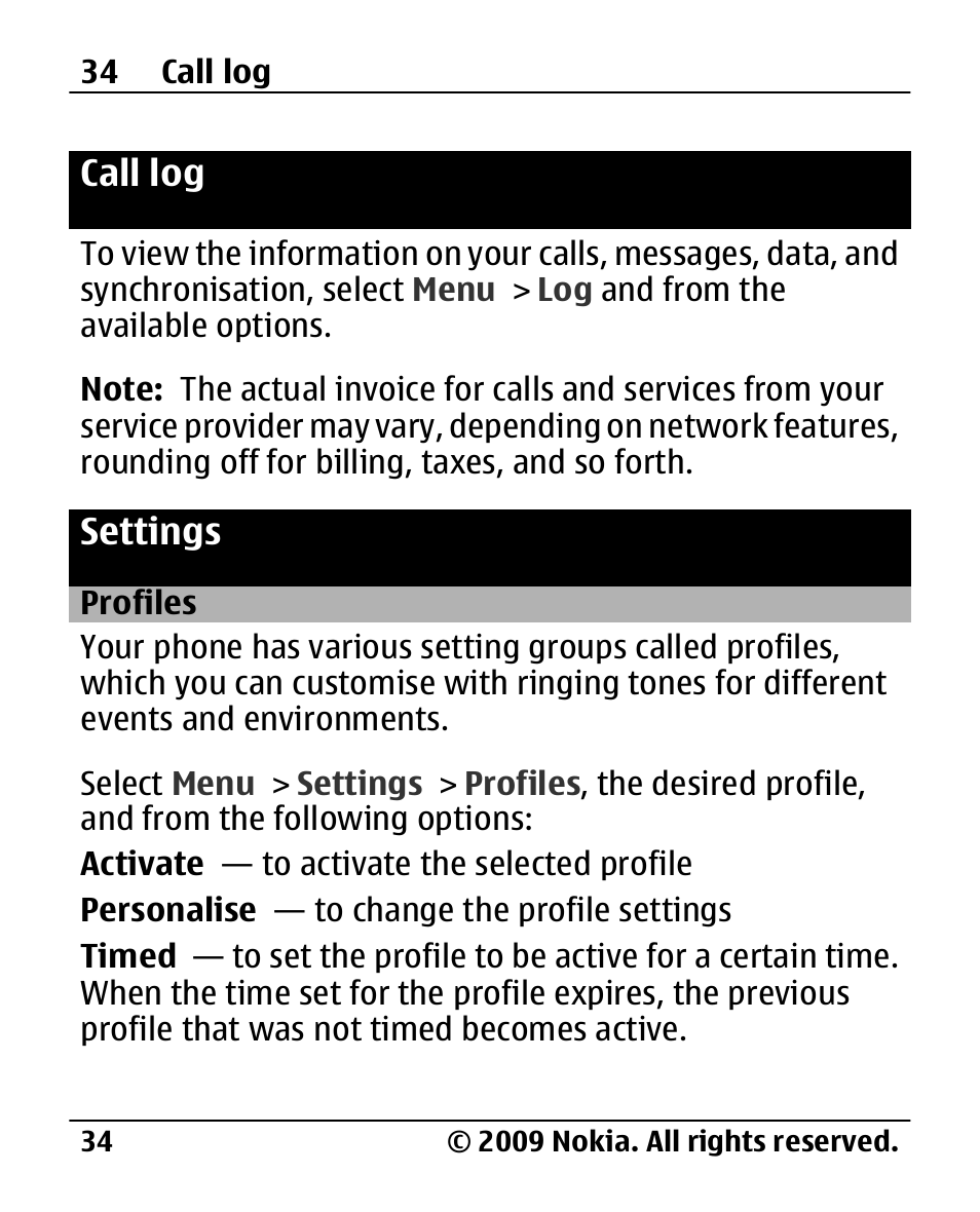 Call log, Settings, Profiles | Nokia 2720 User Manual | Page 34 / 78