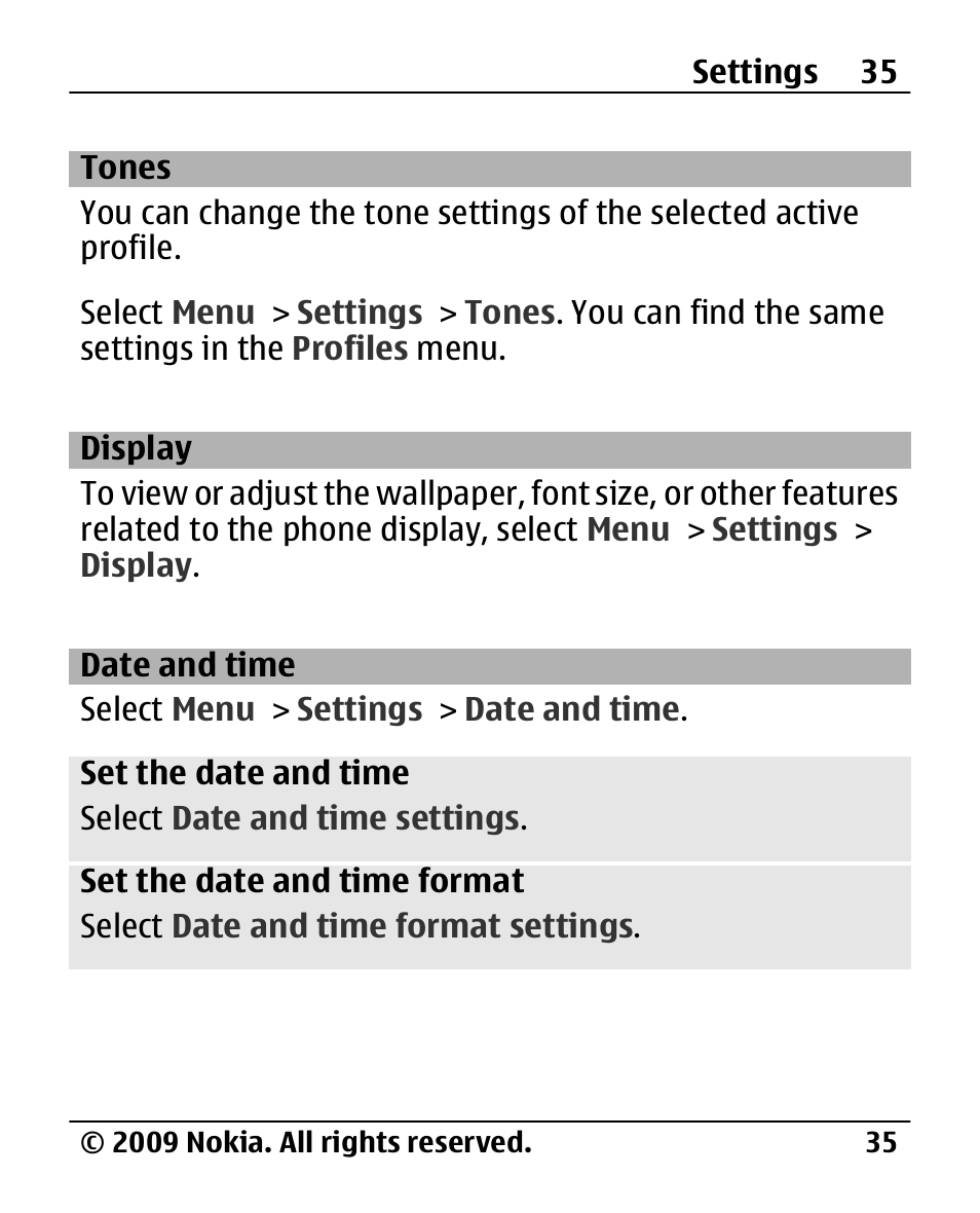 Tones, Display, Date and time | Nokia 2720 User Manual | Page 35 / 78