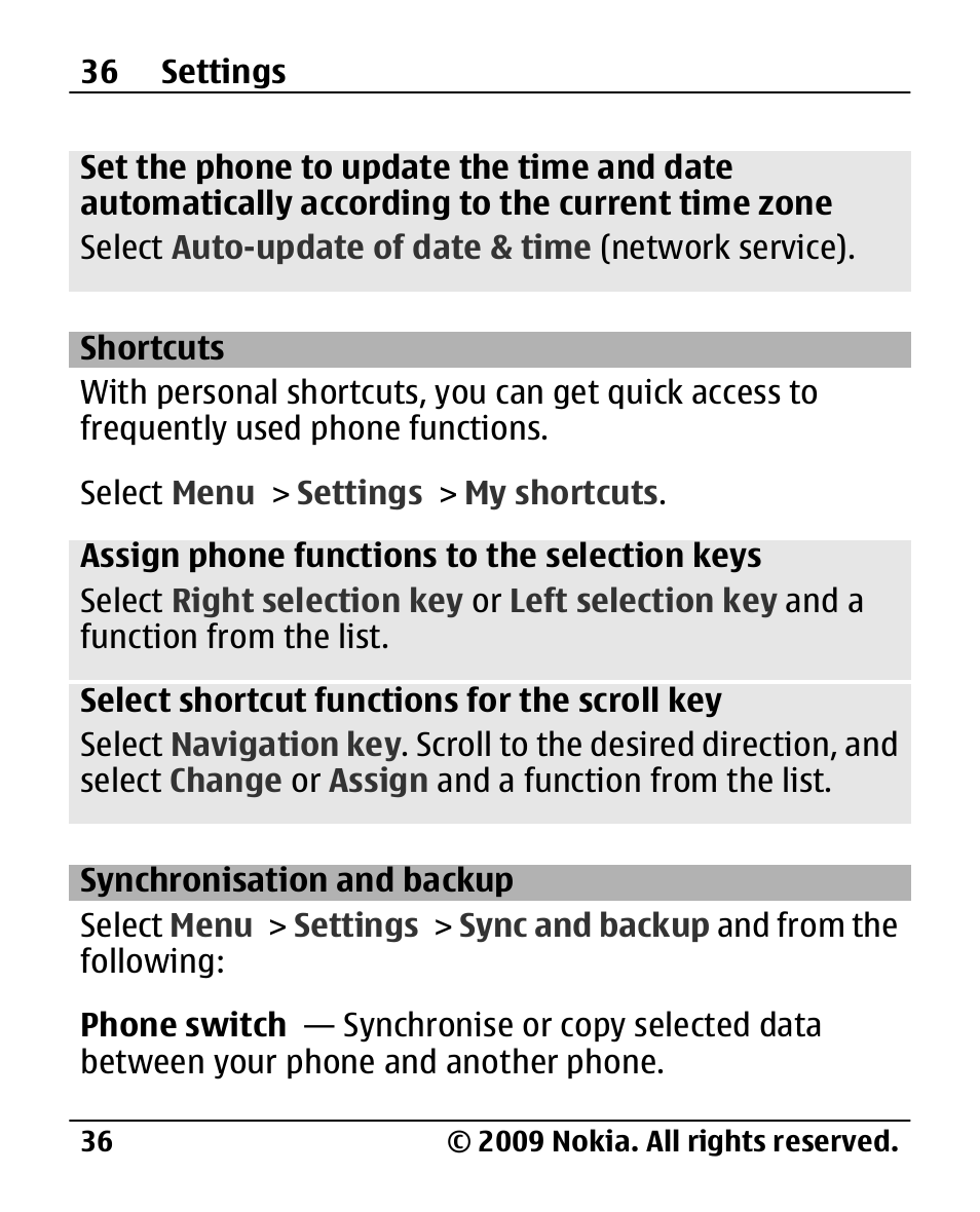 Shortcuts, Synchronisation and backup, Synchronisation and | Backup | Nokia 2720 User Manual | Page 36 / 78