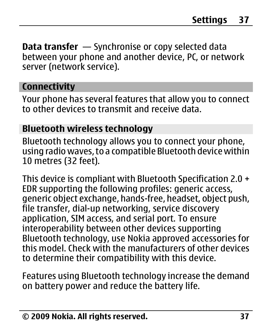 Connectivity, Bluetooth wireless technology | Nokia 2720 User Manual | Page 37 / 78