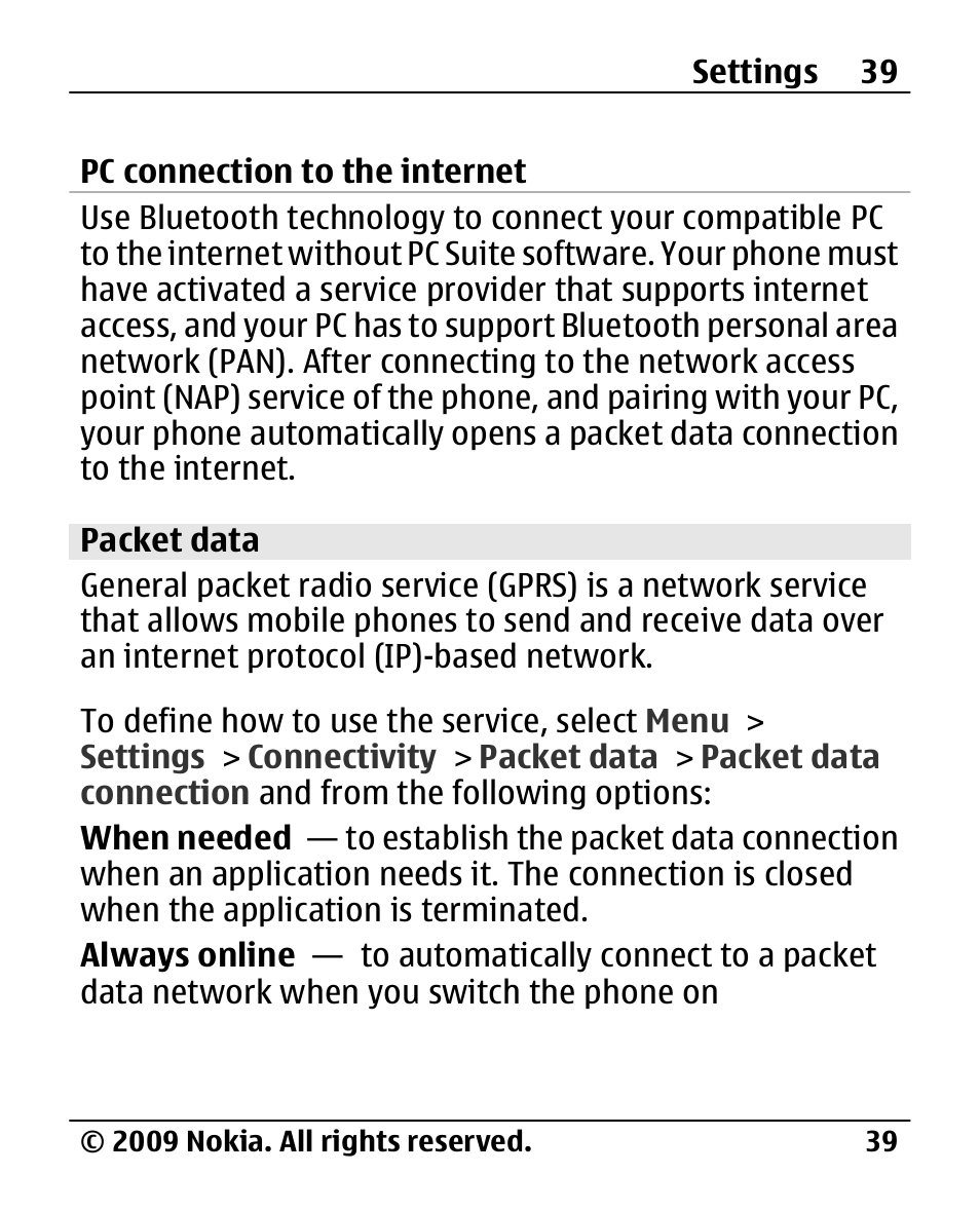 Packet data | Nokia 2720 User Manual | Page 39 / 78