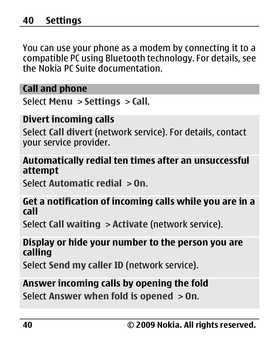 Call and phone | Nokia 2720 User Manual | Page 40 / 78