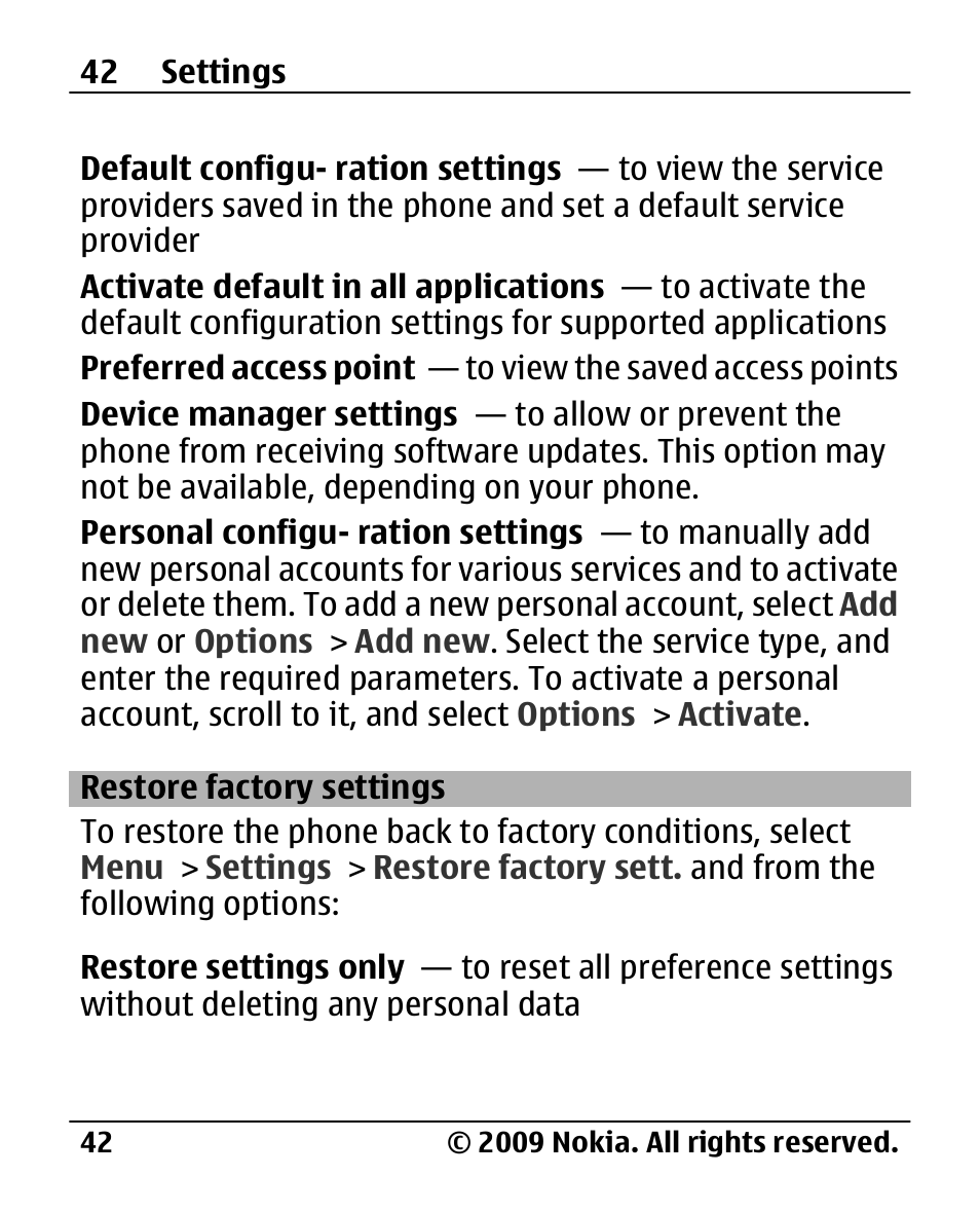 Restore factory settings, Restore factory, Settings | Nokia 2720 User Manual | Page 42 / 78