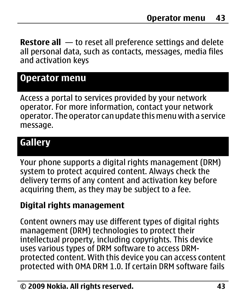 Operator menu, Gallery | Nokia 2720 User Manual | Page 43 / 78