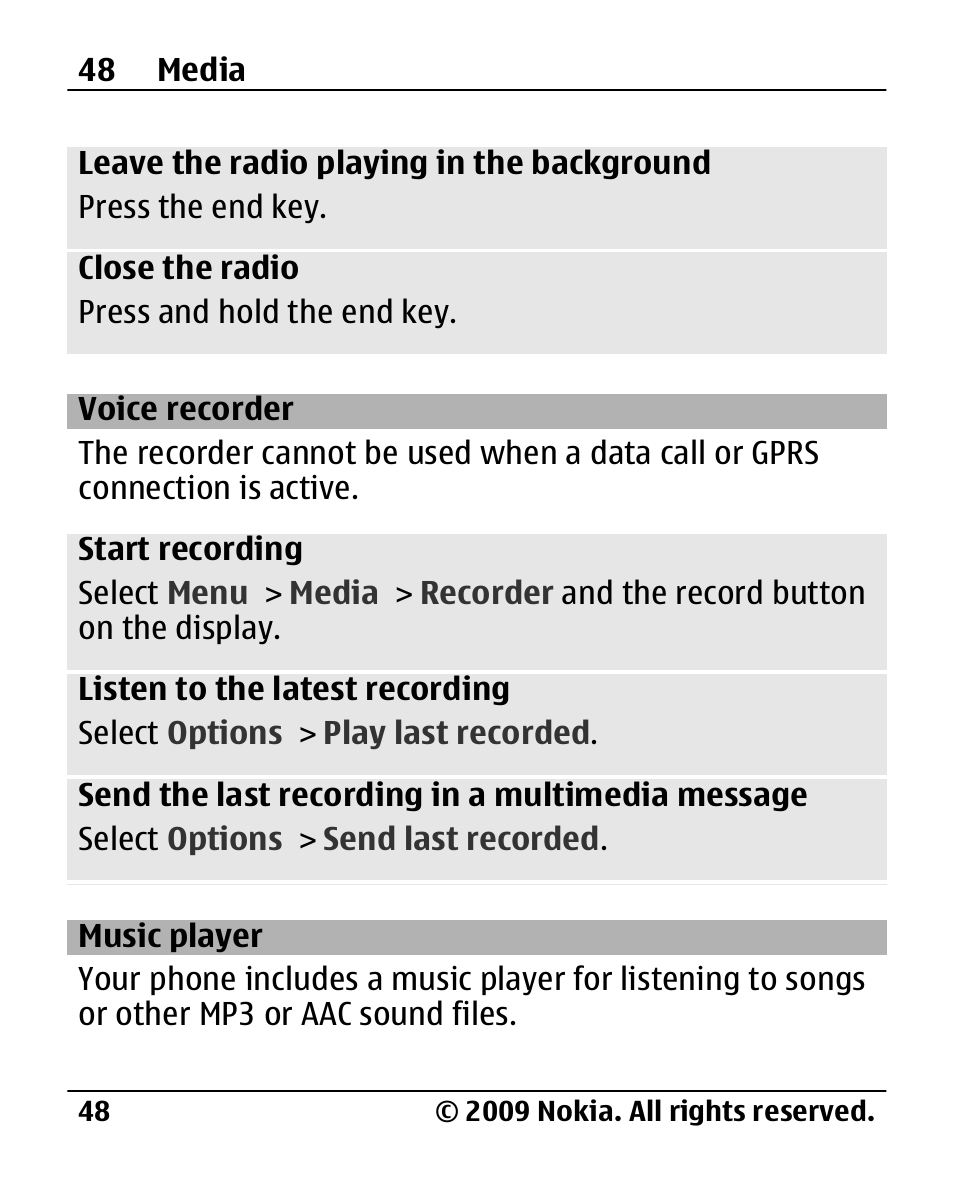 Voice recorder, Music player | Nokia 2720 User Manual | Page 48 / 78