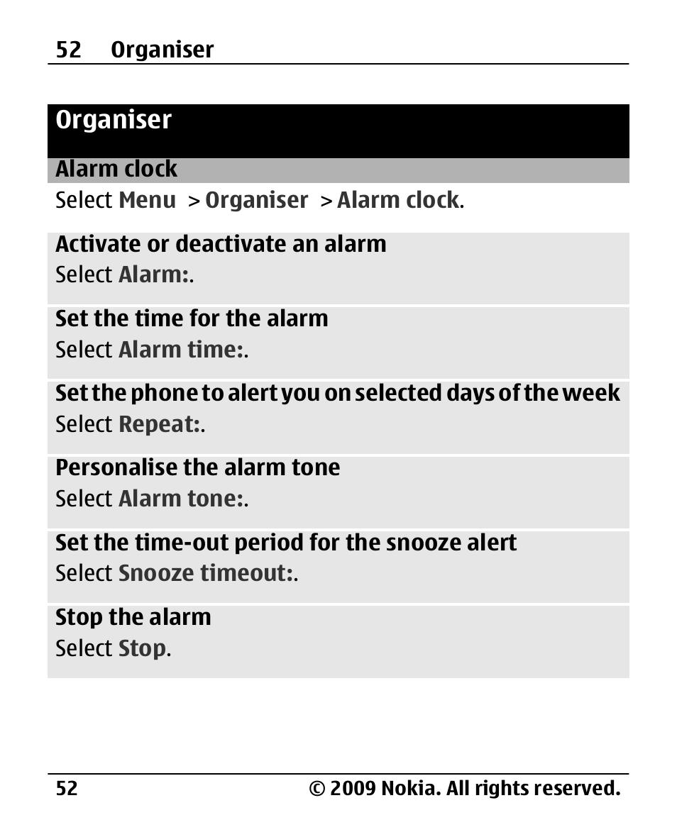 Organiser, Alarm clock | Nokia 2720 User Manual | Page 52 / 78