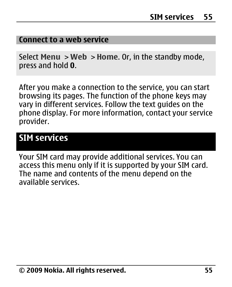 Connect to a web service, Sim services, Connect to a web | Service | Nokia 2720 User Manual | Page 55 / 78