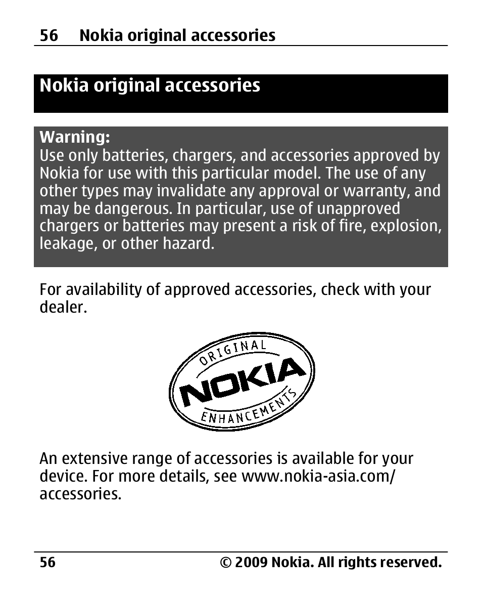 Nokia original accessories, Nokia original, Accessories | Nokia 2720 User Manual | Page 56 / 78