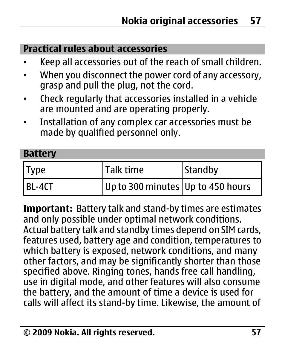 Practical rules about accessories, Battery, Practical rules about | Accessories | Nokia 2720 User Manual | Page 57 / 78