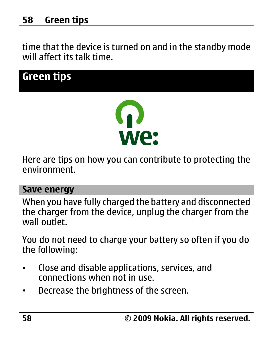 Green tips, Save energy | Nokia 2720 User Manual | Page 58 / 78