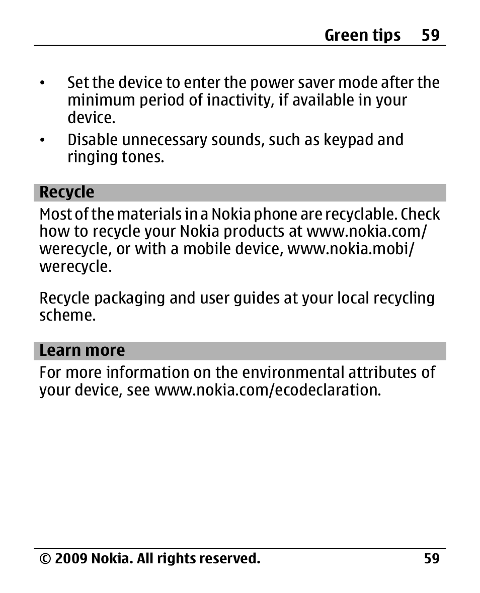 Recycle, Learn more | Nokia 2720 User Manual | Page 59 / 78