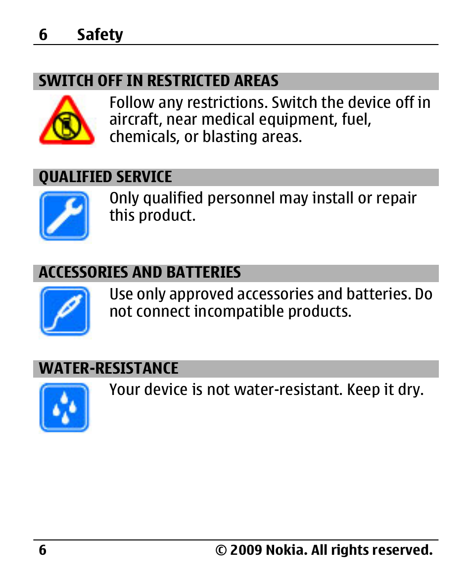 Switch off in restricted areas, Qualified service, Accessories and batteries | Water-resistance | Nokia 2720 User Manual | Page 6 / 78