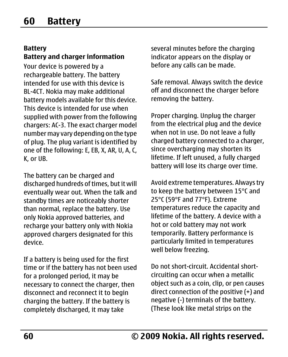 Battery, Battery and charger information, Battery and charger | Information, 60 battery | Nokia 2720 User Manual | Page 60 / 78