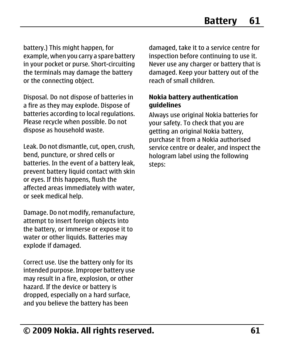 Nokia battery authentication guidelines, Nokia battery, Authentication | Guidelines, Battery 61 | Nokia 2720 User Manual | Page 61 / 78