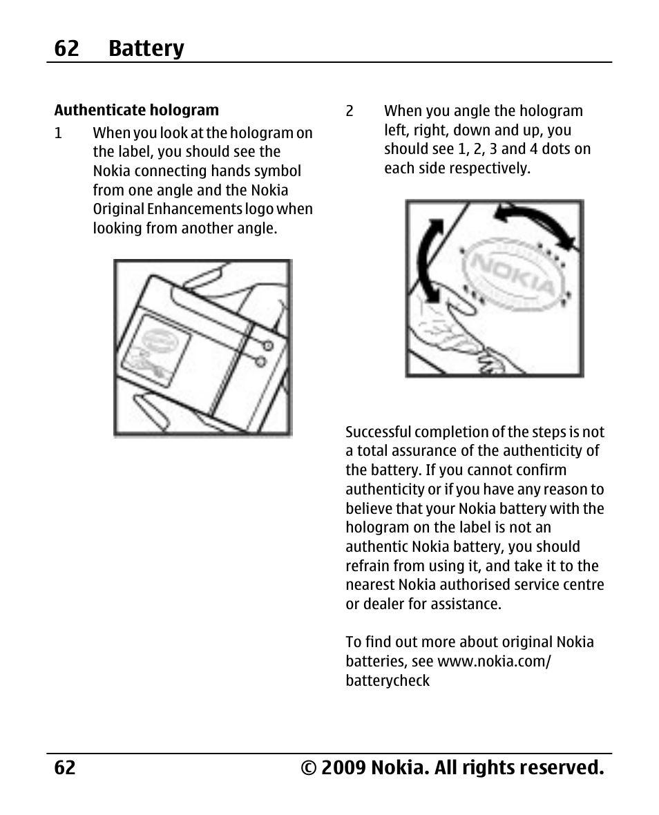 Authenticate hologram, 62 battery | Nokia 2720 User Manual | Page 62 / 78