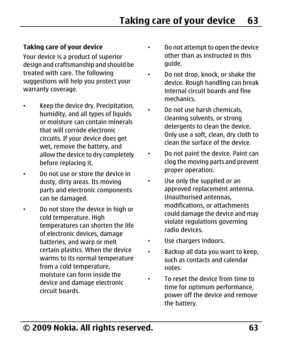 Taking care of your device, Taking care of your, Device | Taking care of your device 63 | Nokia 2720 User Manual | Page 63 / 78