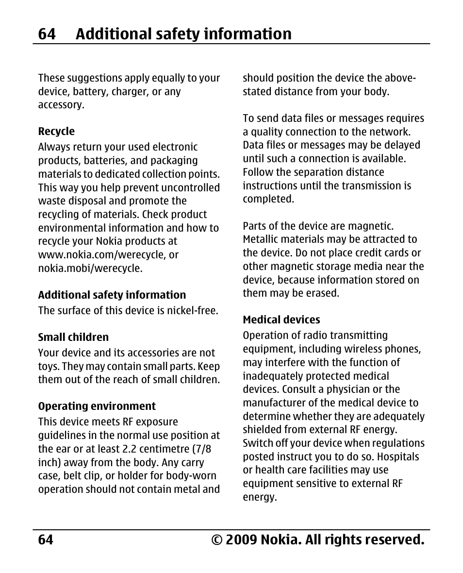 Recycle, Additional safety information, Small children | Operating environment, Medical devices, Additional safety, Information, Operating, Environment, 64 additional safety information | Nokia 2720 User Manual | Page 64 / 78