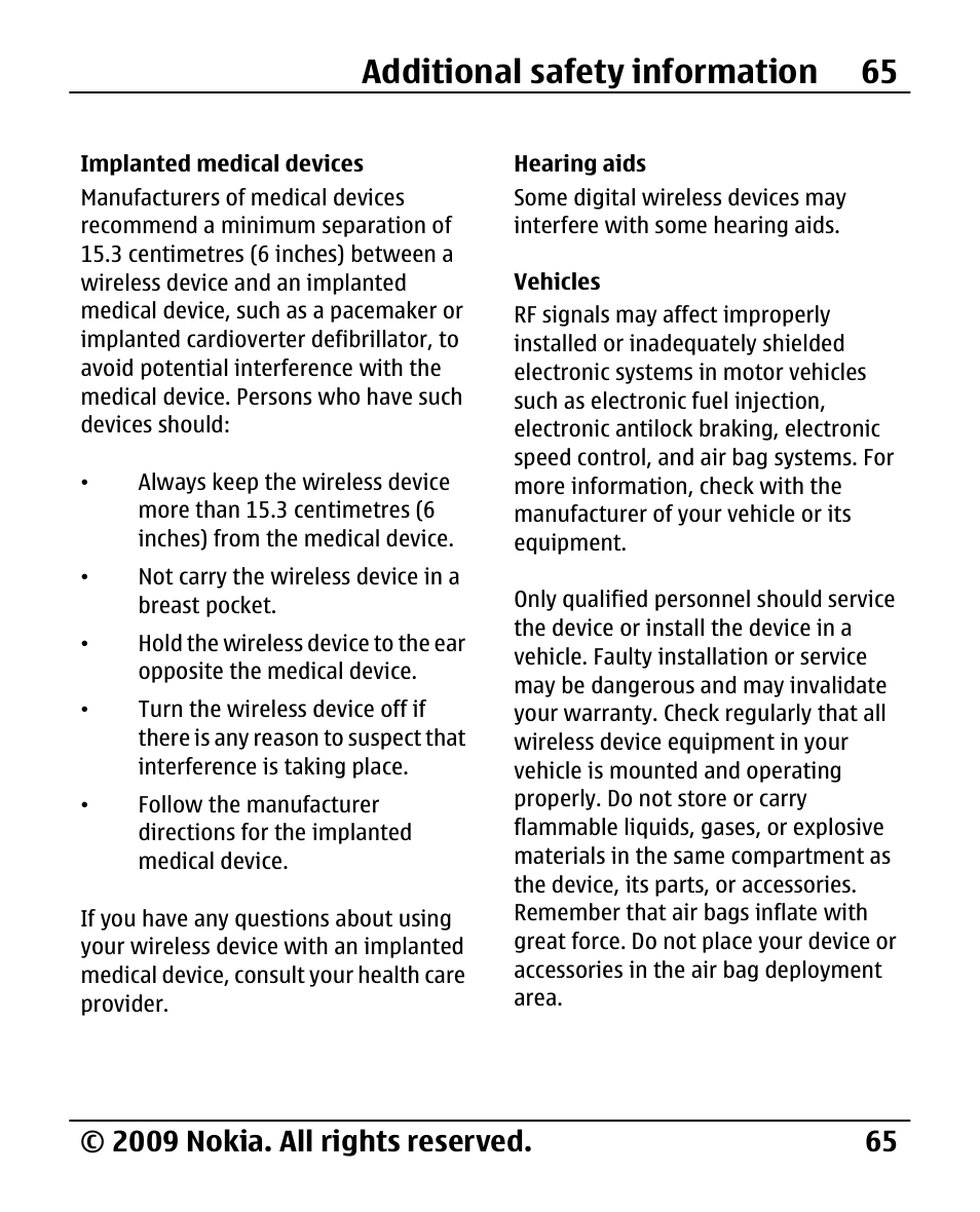 Implanted medical devices, Hearing aids, Vehicles | Additional safety information 65 | Nokia 2720 User Manual | Page 65 / 78