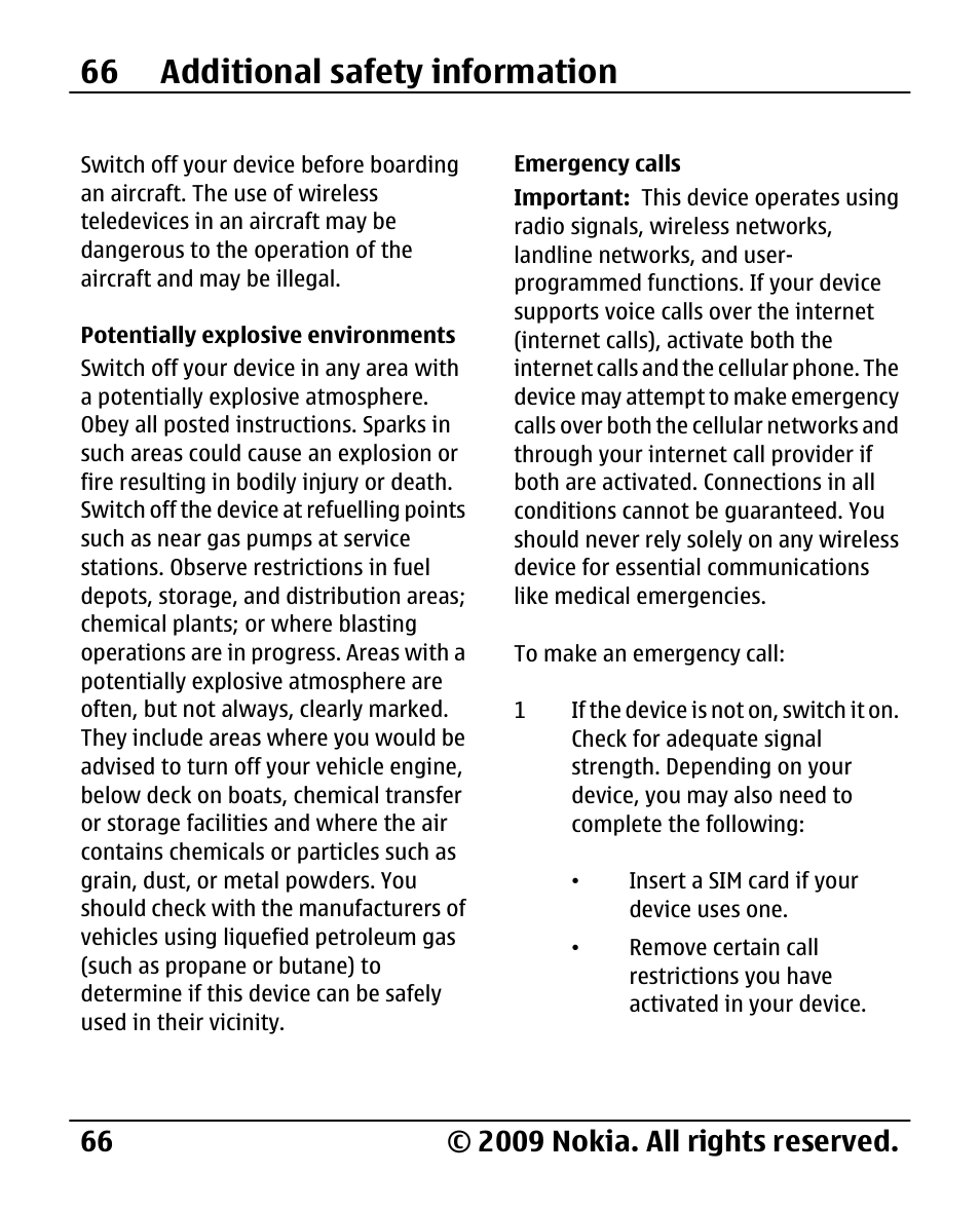 Potentially explosive environments, Emergency calls, Potentially explosive | Environments, 66 additional safety information | Nokia 2720 User Manual | Page 66 / 78