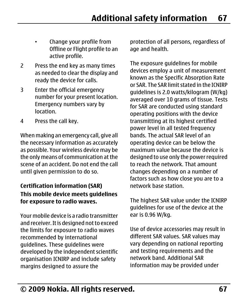 Certification information (sar), Certification information, Sar) | Additional safety information 67 | Nokia 2720 User Manual | Page 67 / 78