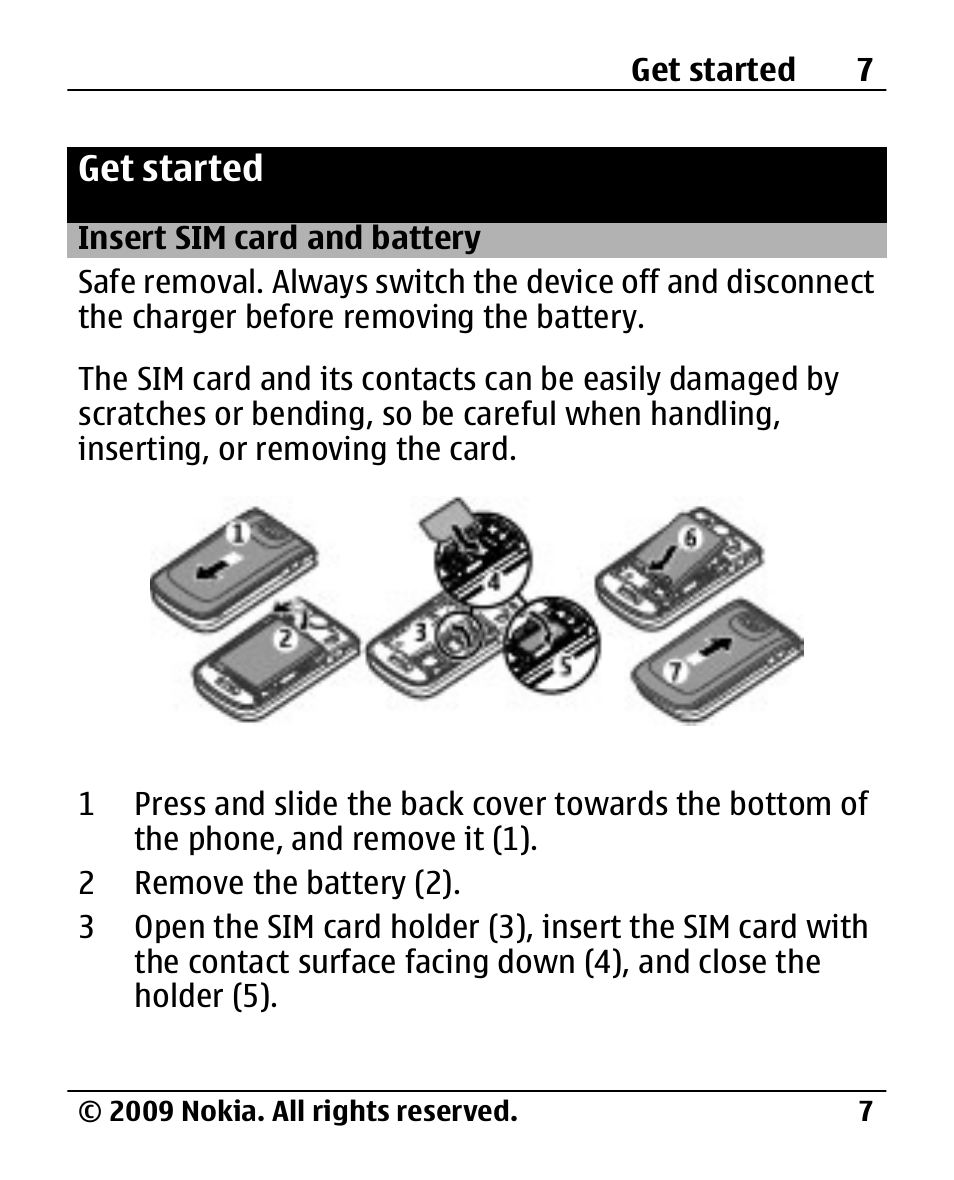 Get started, Insert sim card and battery, Insert sim card and | Battery | Nokia 2720 User Manual | Page 7 / 78