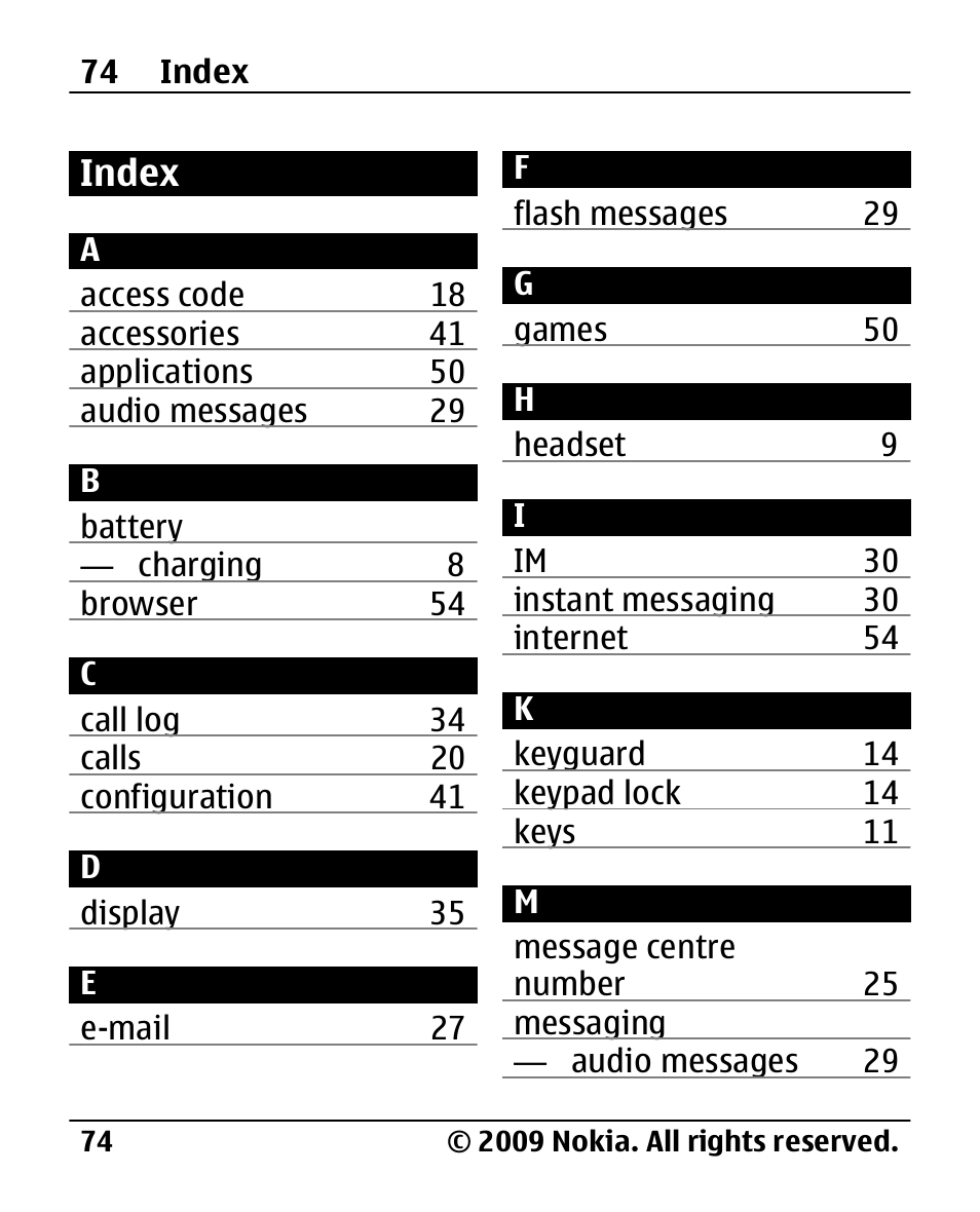 Index | Nokia 2720 User Manual | Page 74 / 78