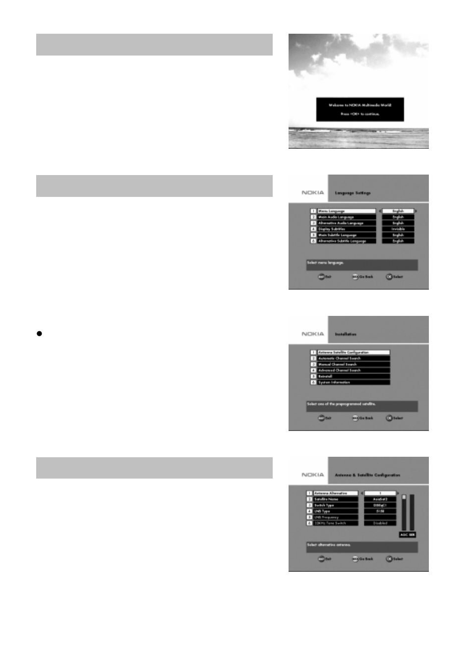 The welcome menu, Language settings, Antenna and satellite configuration | Nokia 9650S User Manual | Page 11 / 27