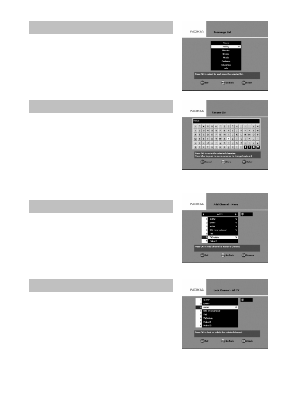 Rearrange list, Rename list, Add channels | Lock channels | Nokia 9650S User Manual | Page 18 / 27