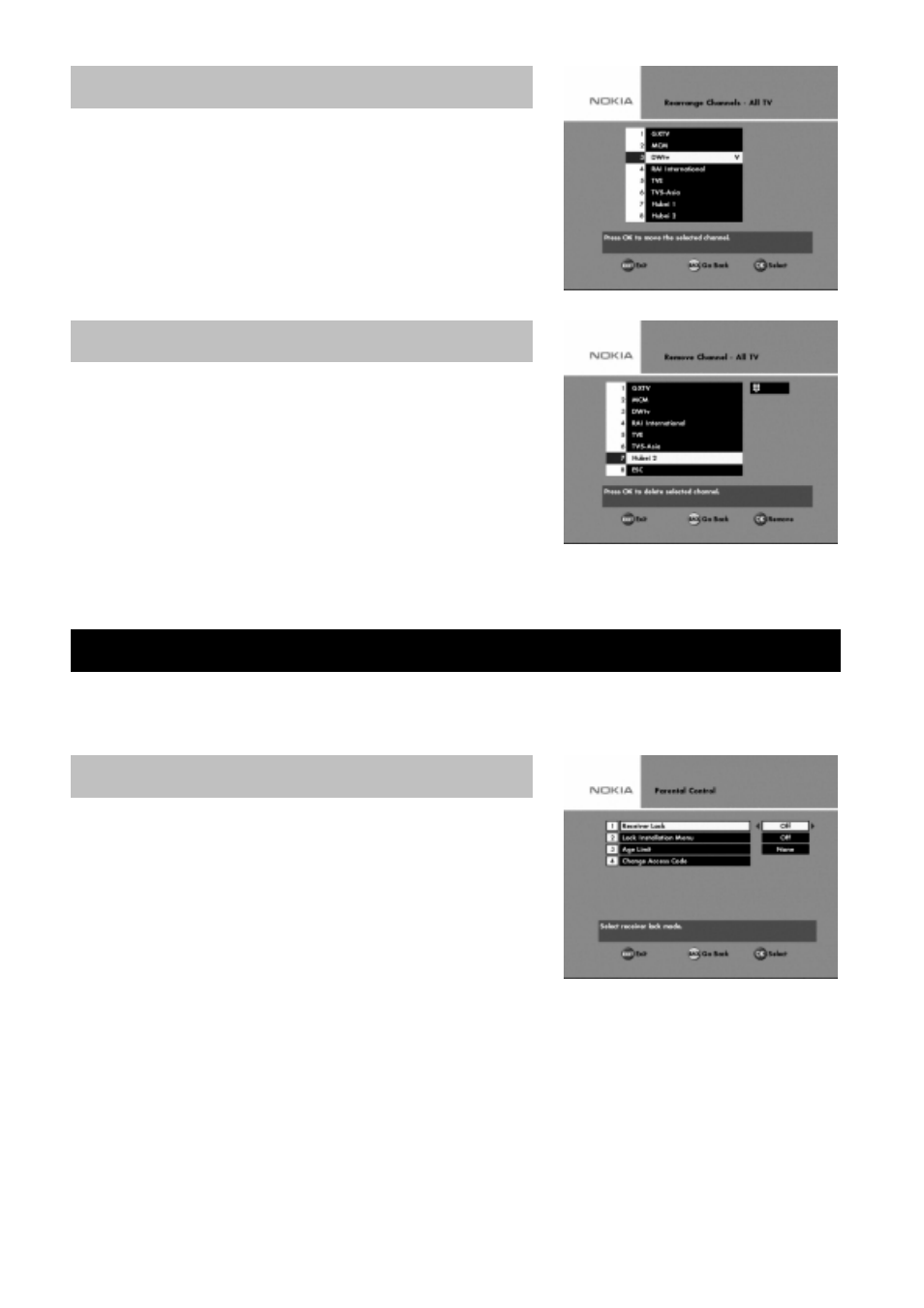 Rearrange channels, Remove channels, User preferences | Parental control | Nokia 9650S User Manual | Page 19 / 27